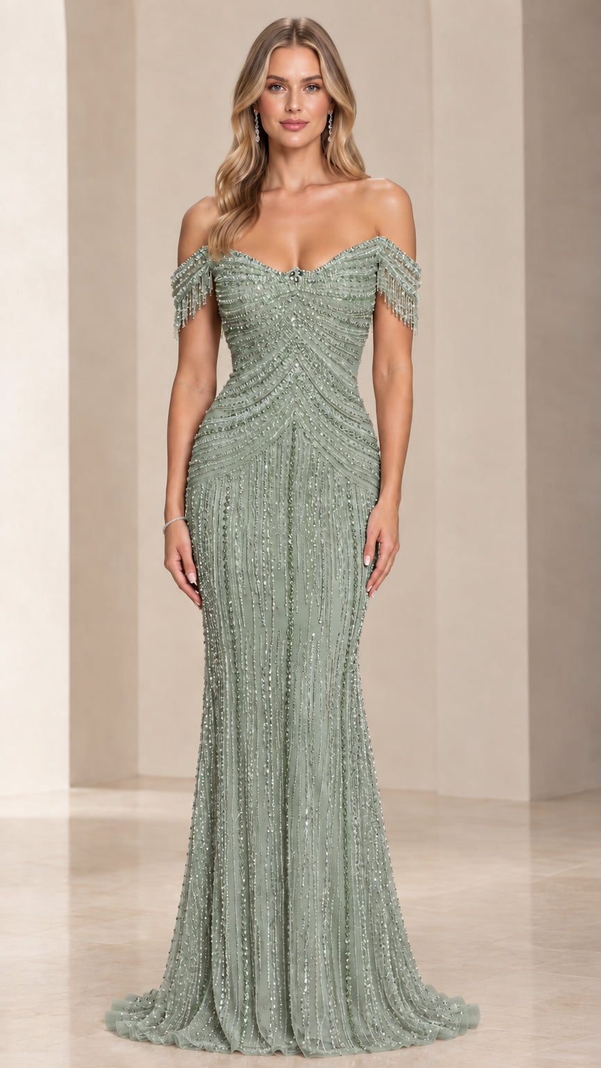 Sage green beaded off-the-shoulder floor-length formal dress