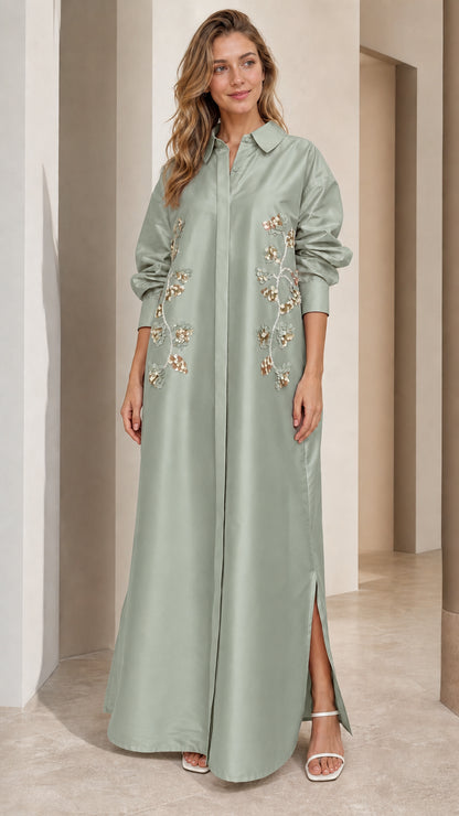 Front full view of sage green floral sequin embroidered collared maxi dress