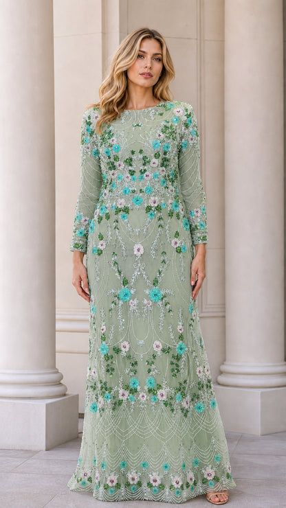 Sage green embroidered long sleeve formal maxi dress front view