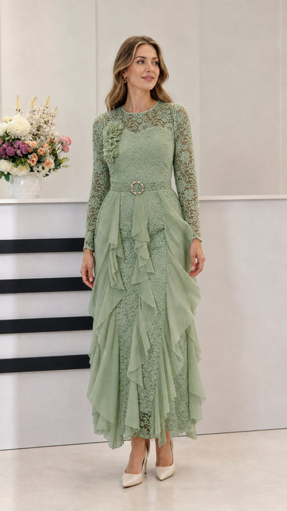 Sage Green elegant long sleeve lace ruffle evening maxi dress