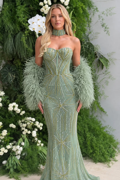Sage green strapless sequin mermaid formal dress with matching feather cuffs