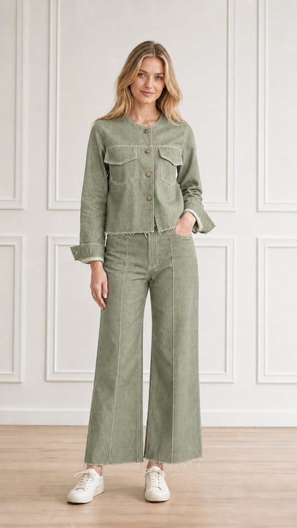 Model wearing sage green denim jacket and wide-leg pants two-piece set