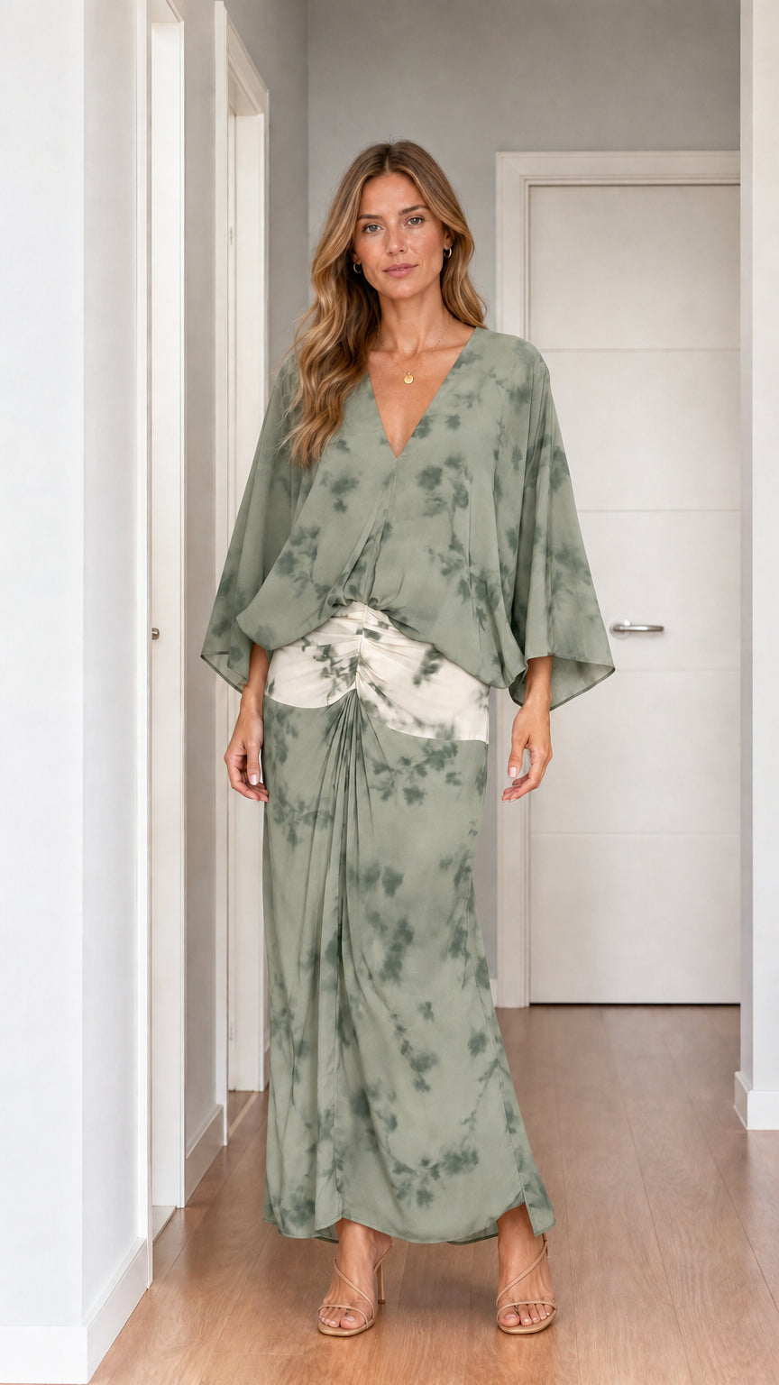 Model wearing sage green tie-dye two-piece set