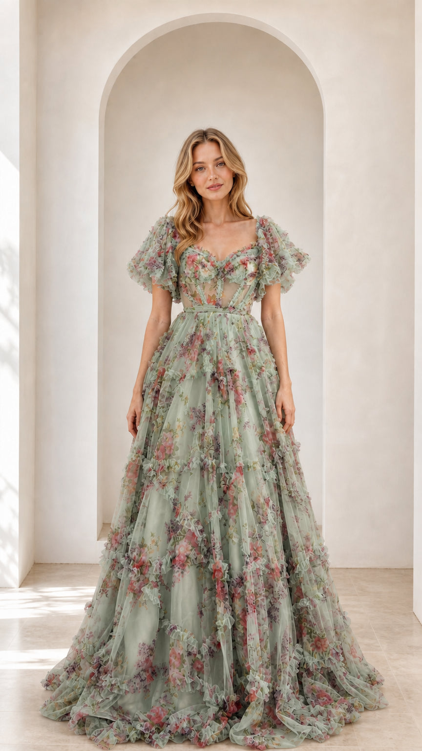 Full-length front view of sage green floral ruffled tulle maxi ball gown