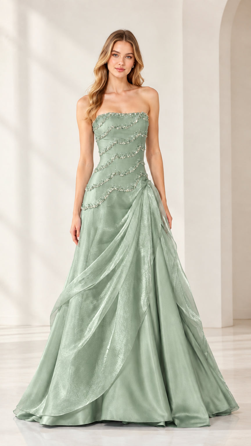 Full-length view of strapless beaded cascading evening gown in Sage Green