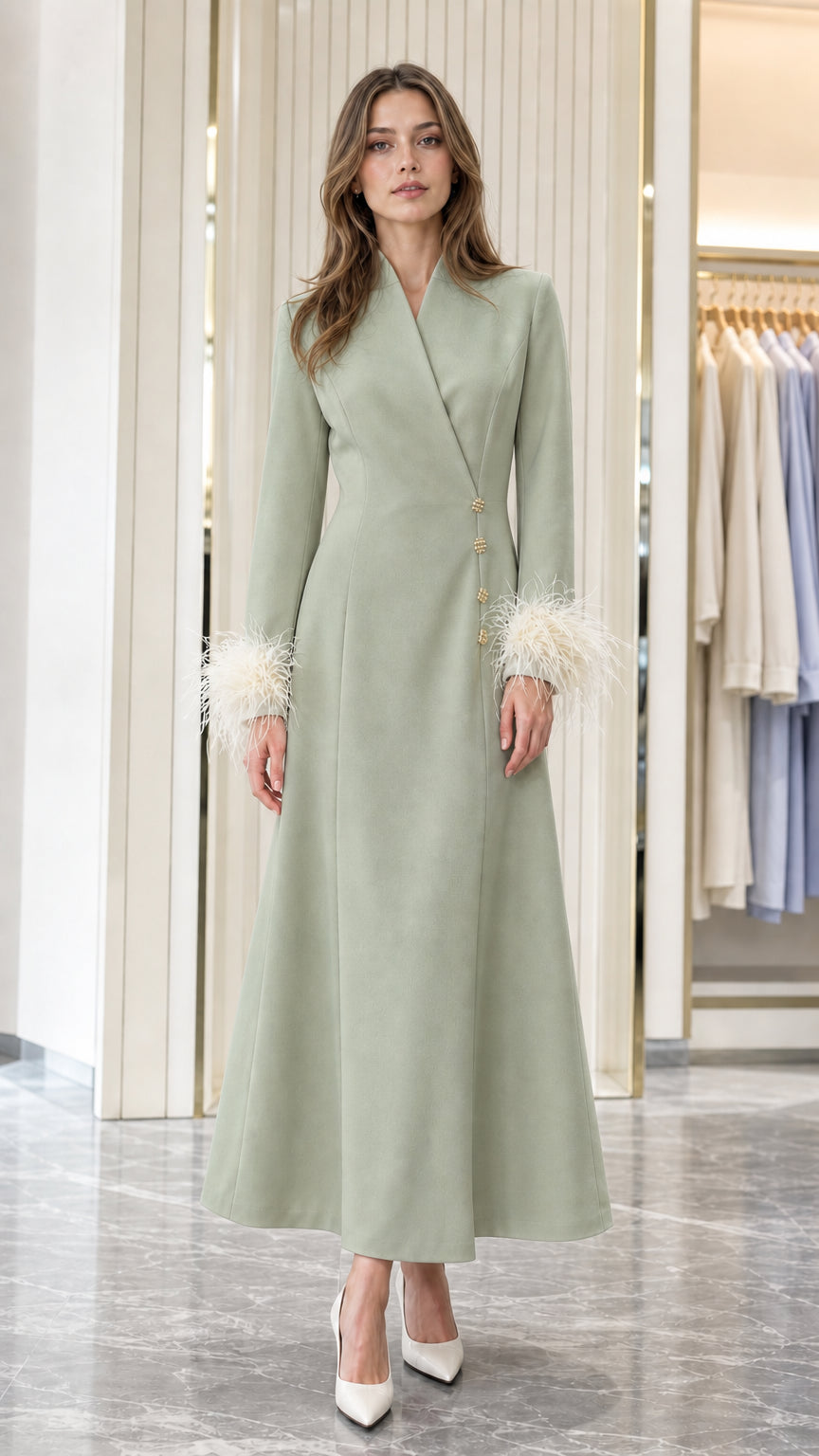 Model wearing Sage Green tailored A-line maxi dress with feather cuffs