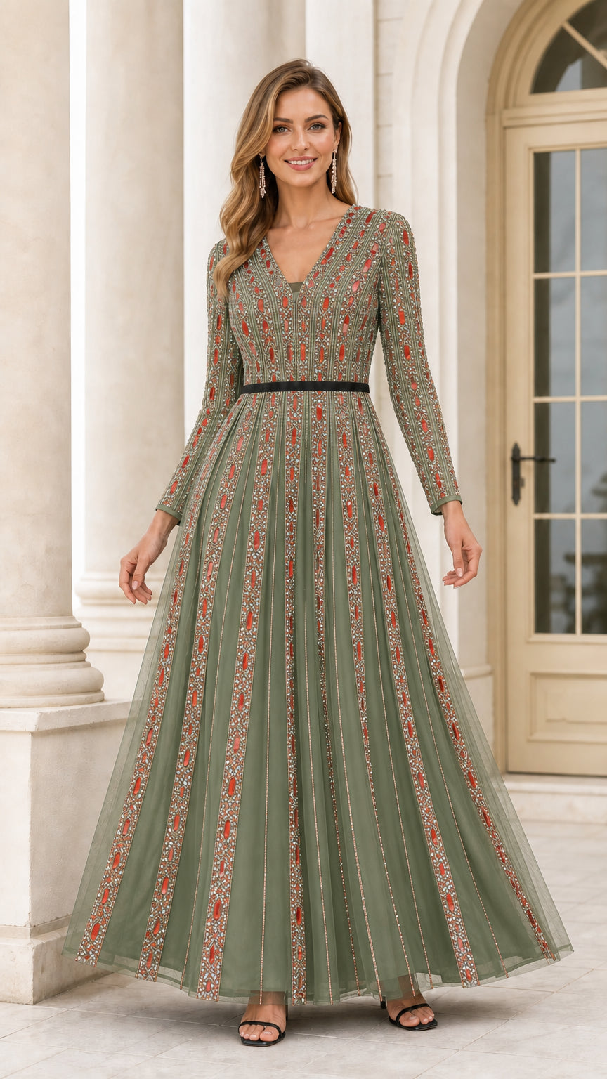 Full length view of Sage Green embellished long sleeve tulle evening gown