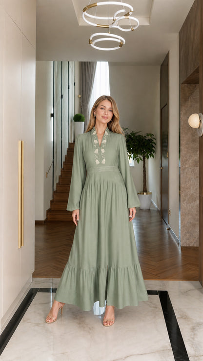 Sage green long sleeve tiered maxi dress with embroidered neckline