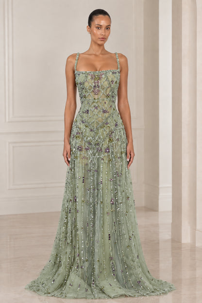 Front view of model wearing Sage Green sequined square neck formal dress