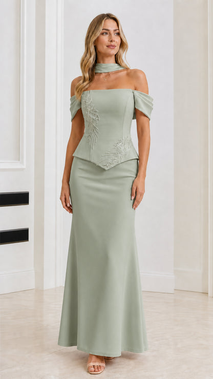 Front view of Sage Green off-the-shoulder beaded peplum formal gown