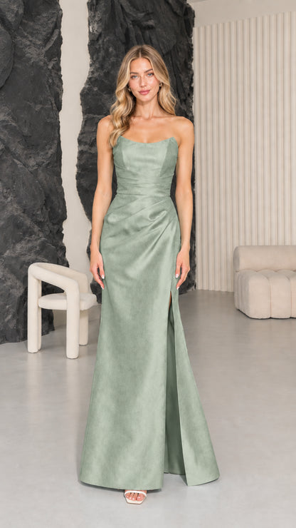 Full-length front view of woman wearing Sage Green strapless evening maxi dress