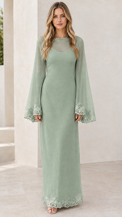 Front view of sage green flared sleeve maxi dress with lace trim