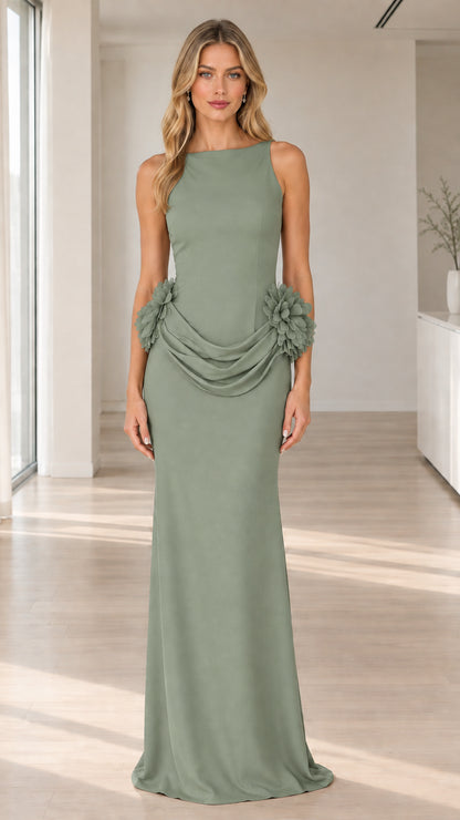 Front view of the sleeveless low-back maxi evening gown in sage green