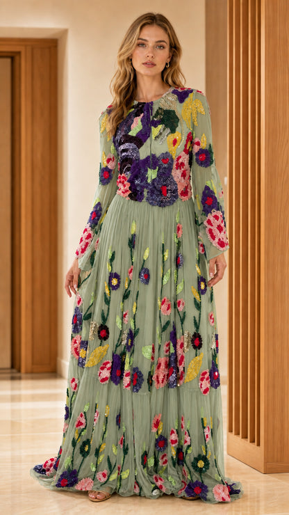 Sage green floral embroidered sequin long sleeve tulle maxi gown
