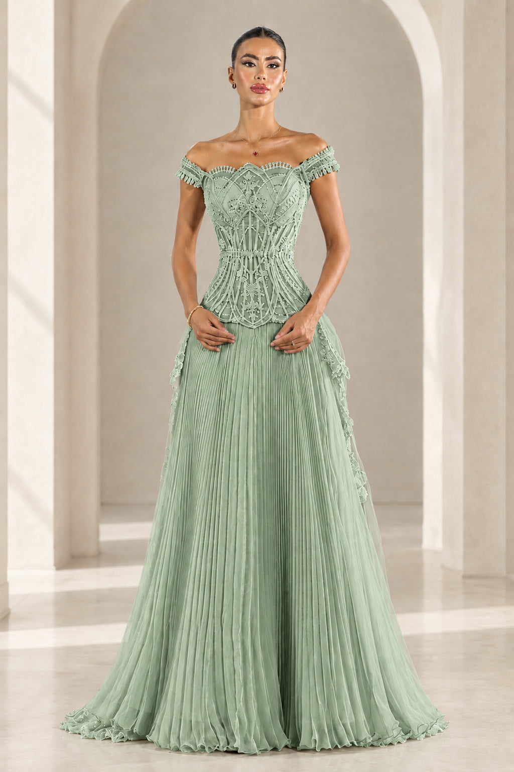 Front view of Sage Green off-the-shoulder embroidered evening dress