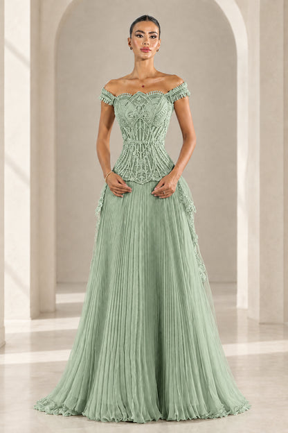Front view of Sage Green off-the-shoulder embroidered evening dress