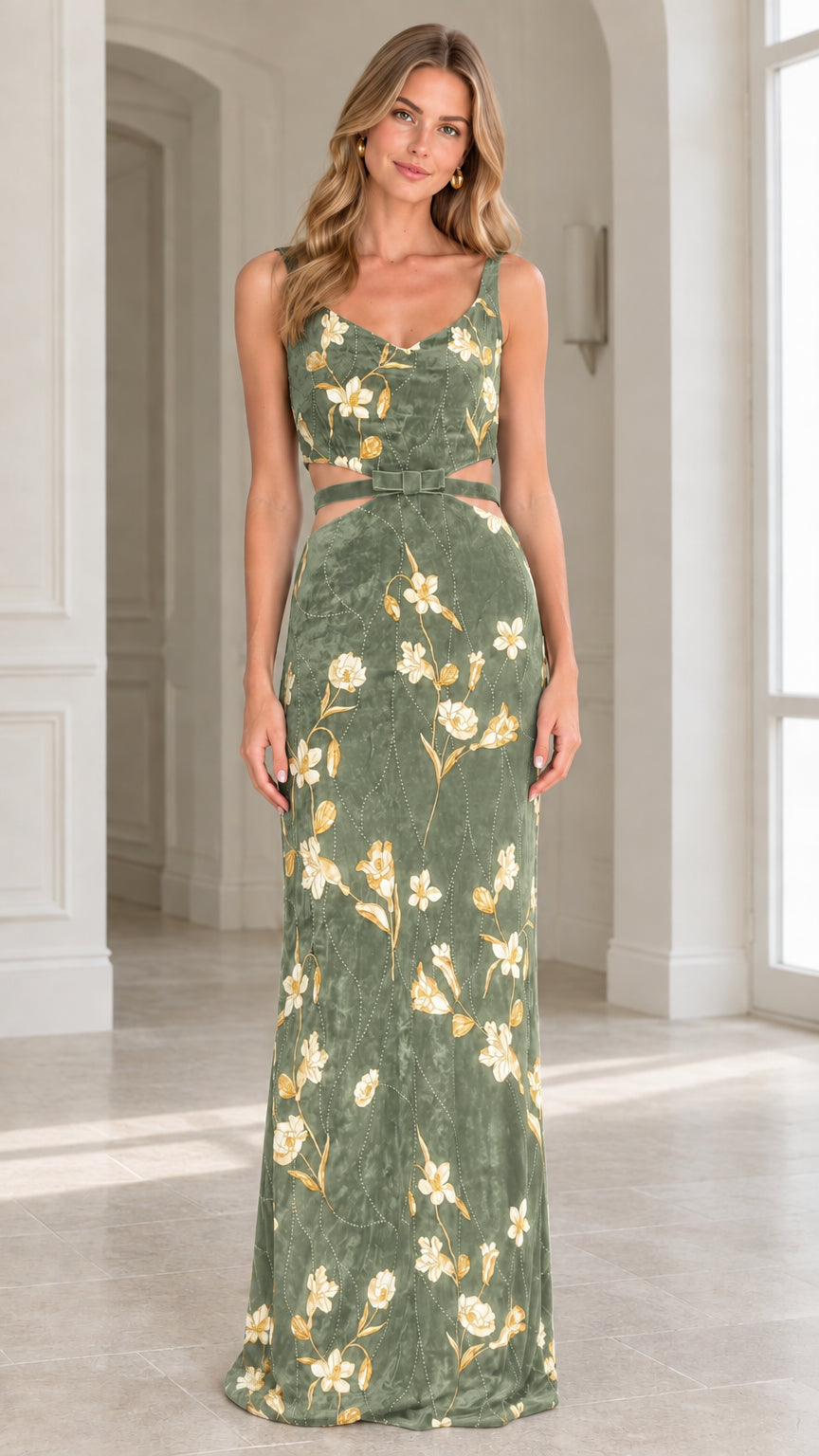 Full front view of model wearing sage green floral velvet maxi dress
