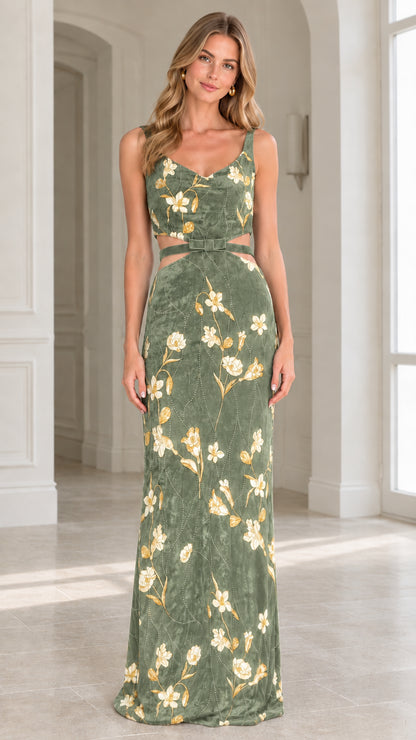 Full front view of model wearing sage green floral velvet maxi dress