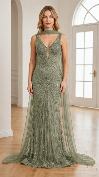 Front view of sage green beaded cape evening maxi dress