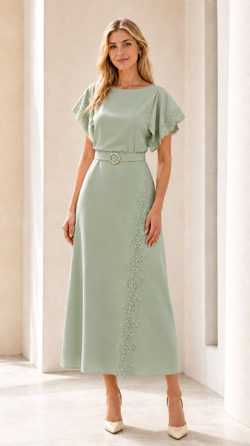 Front view of sage green lace-trimmed midi dress