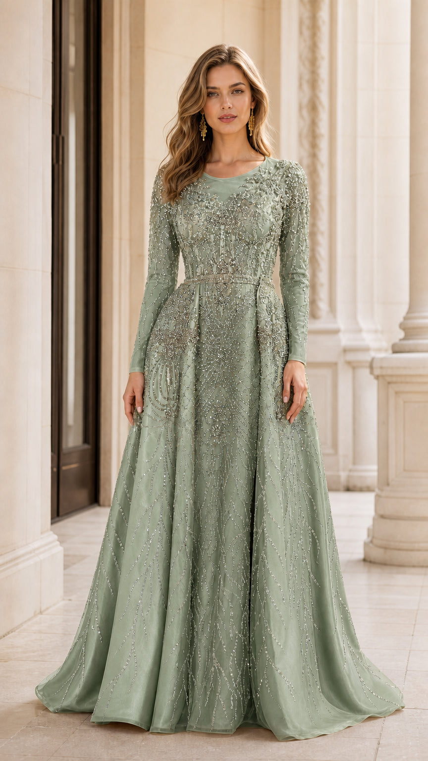 Full-length front view of sage green beaded A-line evening gown