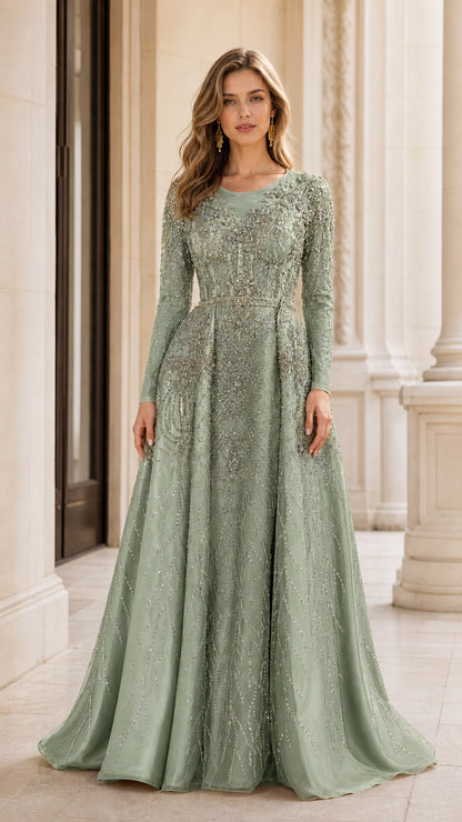 Full-length front view of sage green beaded A-line evening gown