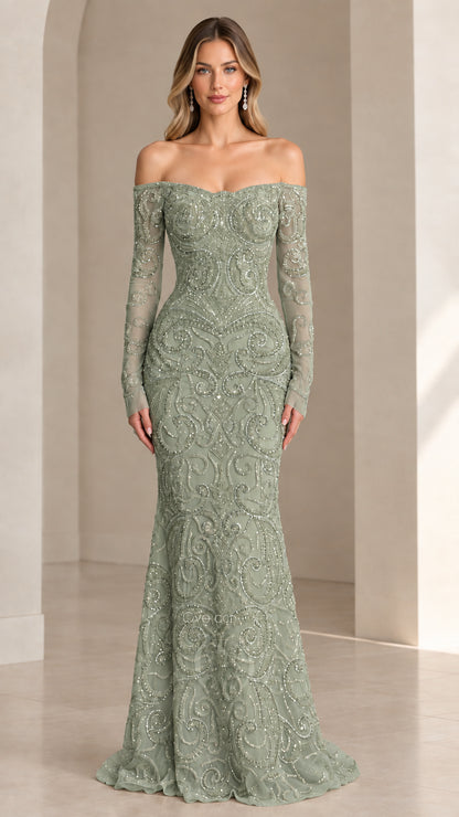 Front view of sage green beaded off-the-shoulder evening dress