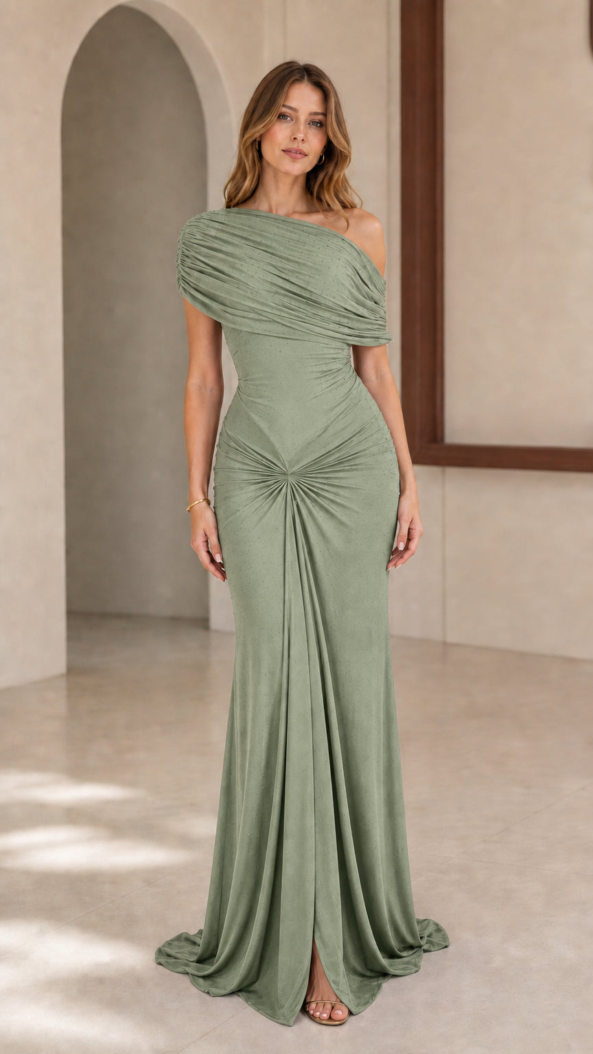 Model wearing Sage Green one-shoulder ruched evening gown