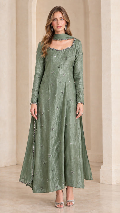 Sage green beaded long sleeve flared evening maxi dress with matching scarf
