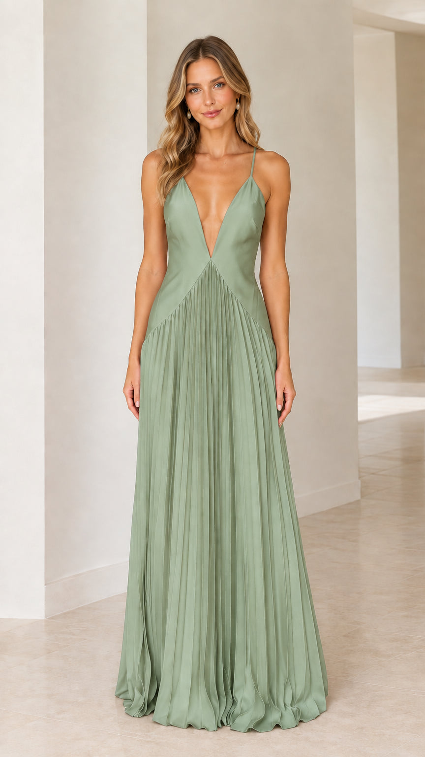 Sage green plunge neckline pleated maxi dress front view
