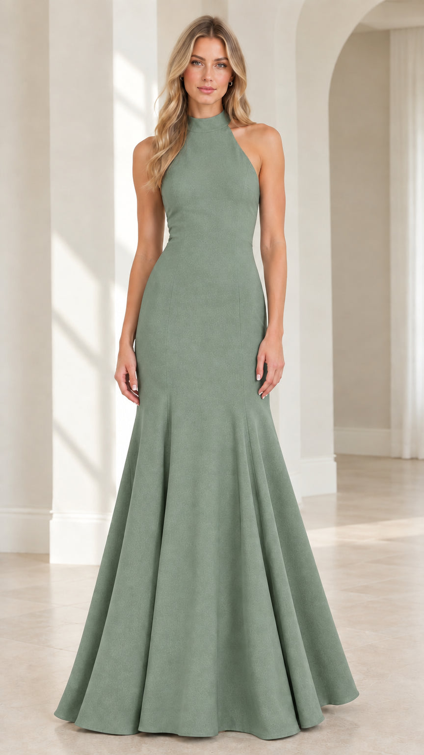 Front view of model wearing Sage Green halter mermaid evening dress