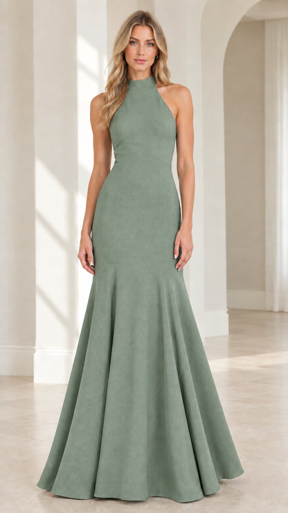 Front view of model wearing Sage Green halter mermaid evening dress