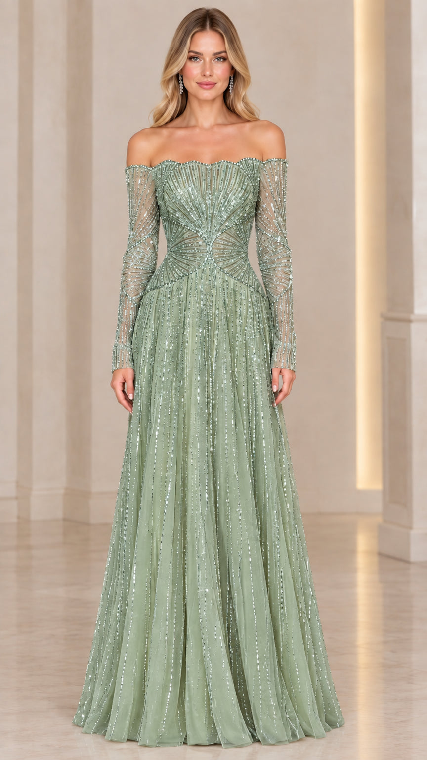 Full-length view of sage green off-the-shoulder beaded A-line maxi dress
