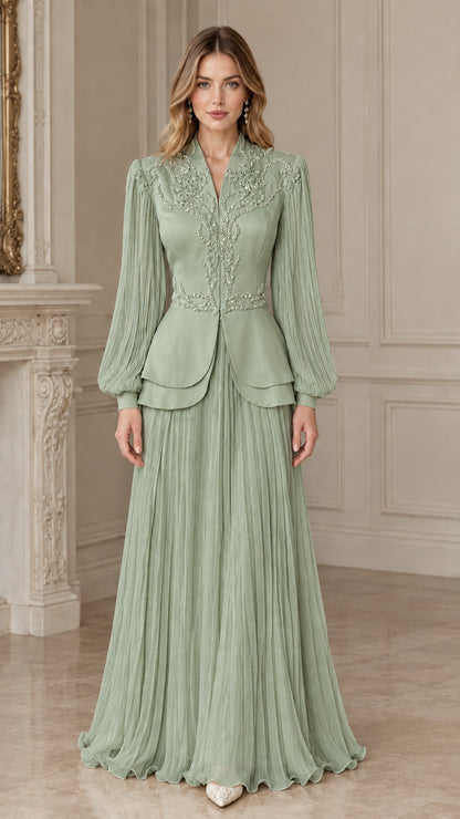 Front view of sage green embellished peplum evening gown set
