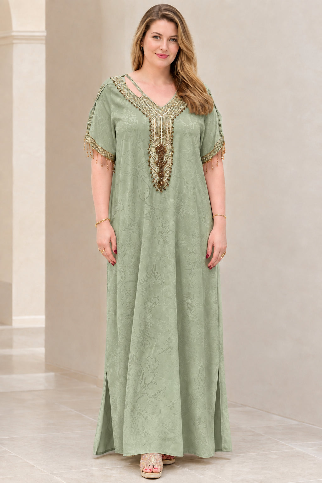 Front view of sage green beaded jacquard kaftan maxi dress