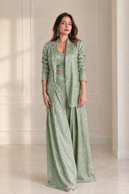 Front view of model wearing Sage Green textured jacquard 3-piece suit set