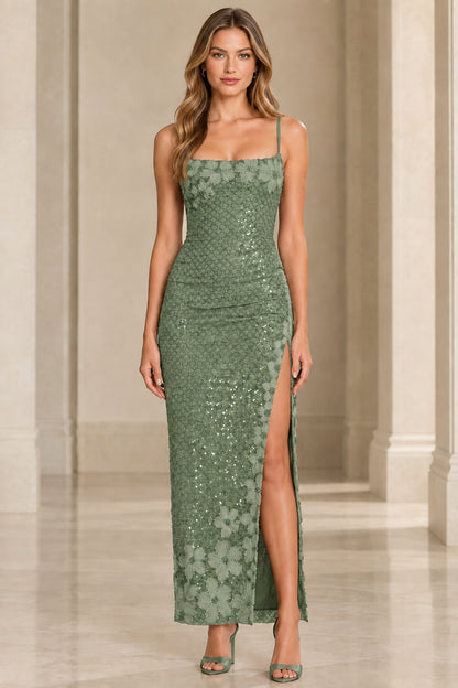 Front view of woman wearing sage green floral sequin evening gown