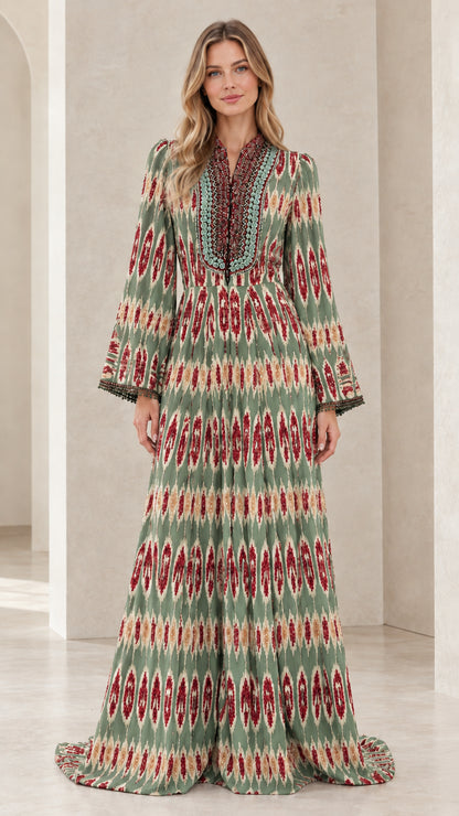 Full front view of sage green ikat pattern long sleeve maxi dress