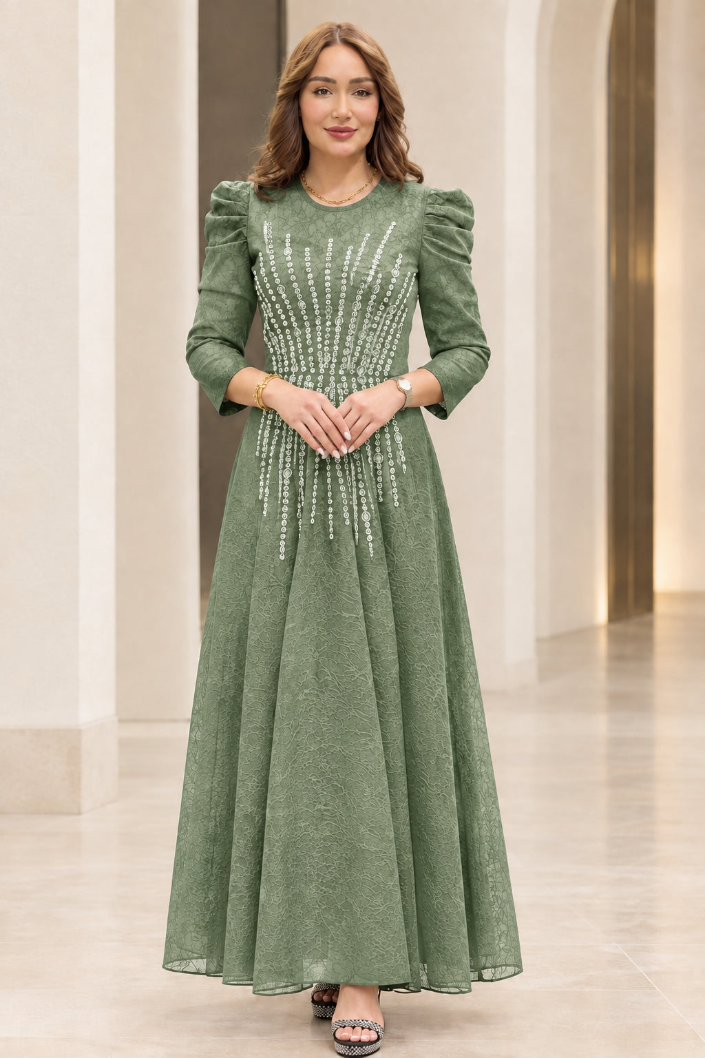 Sage green embellished puff shoulder formal maxi gown