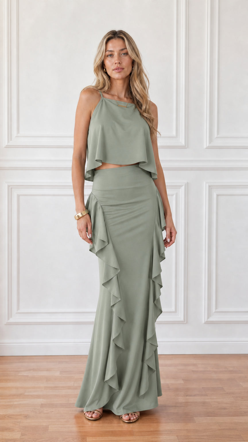 Sage green sleeveless crop top and cascading ruffle maxi skirt set