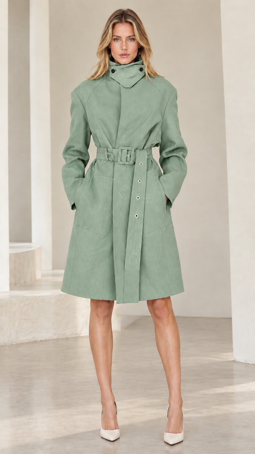 Front view of woman wearing Sage Green stand collar belted trench coat