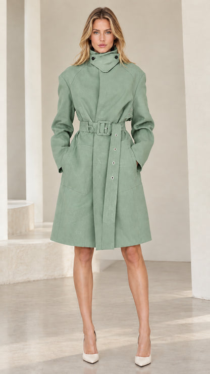 Front view of woman wearing Sage Green stand collar belted trench coat