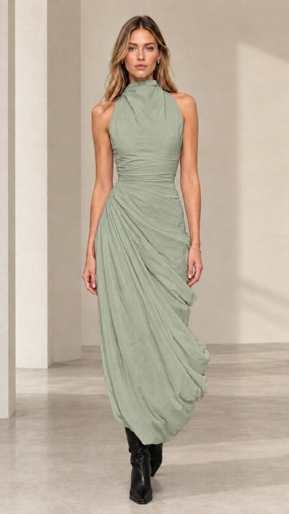Front view of model wearing sage green high neck draped bubble maxi dress