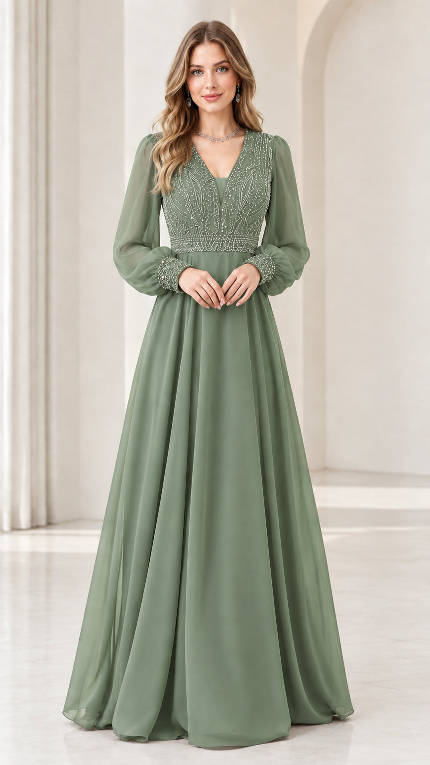 Model wearing sage green beaded bodice long sleeve formal maxi dress