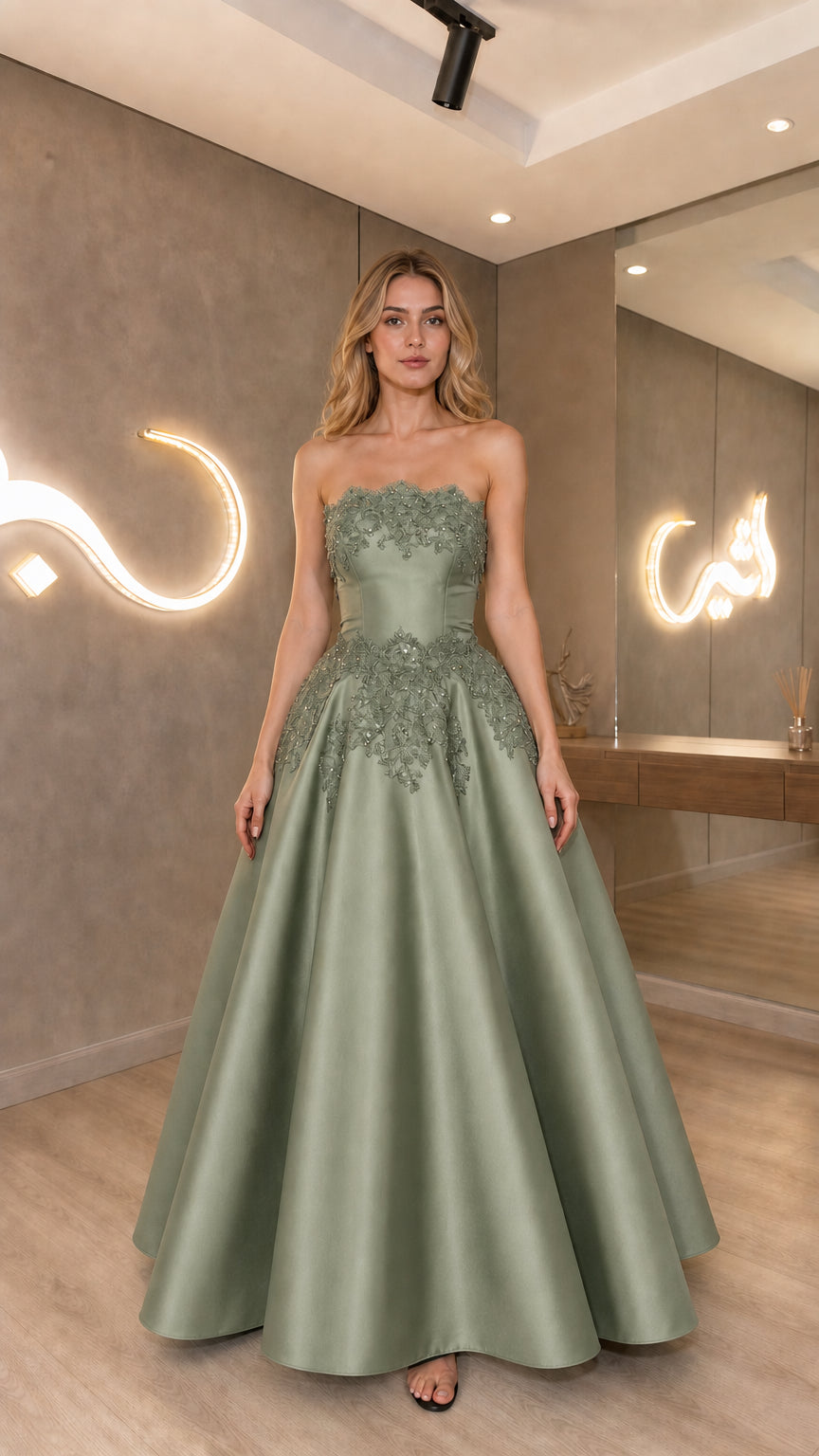 Sage green strapless satin formal gown front view