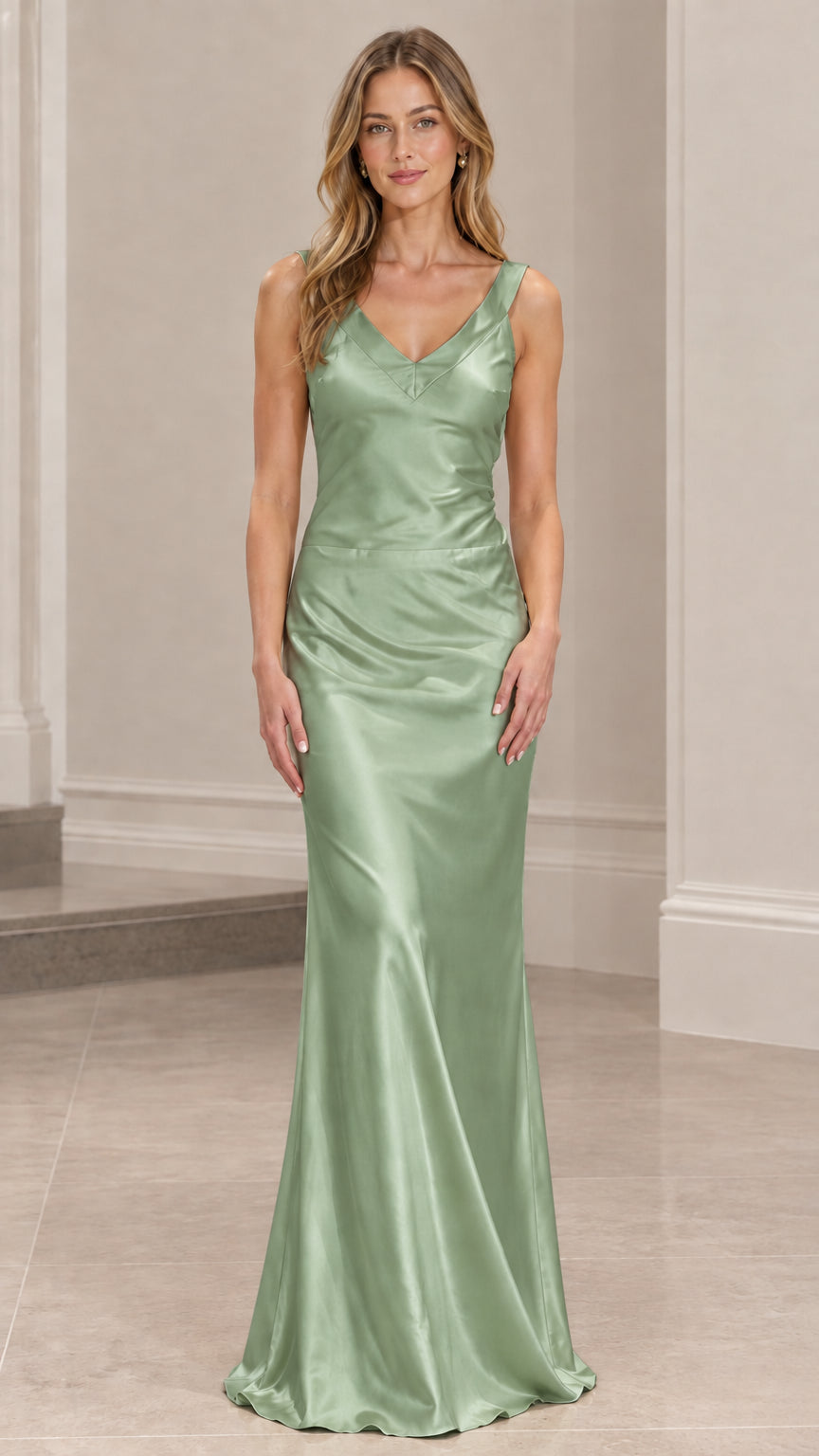 Front view of model wearing sage green satin formal maxi dress