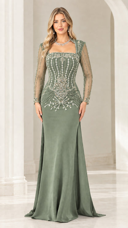 Front full-length view of sage green beaded long sleeve floor-length evening gown