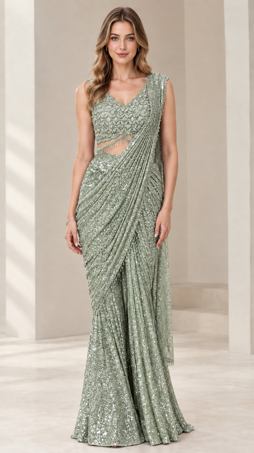 Sage Green sequin pre-draped saree gown front view