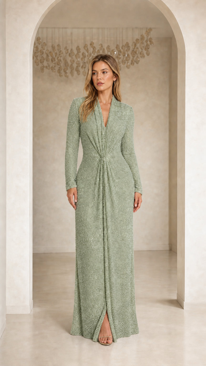 Model wearing Sage Green Elegance Sequin Long Sleeve Maxi Dress