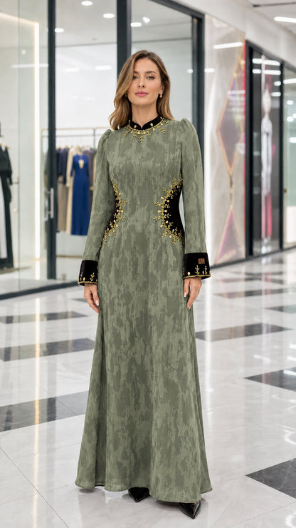 Sage green textured long sleeve maxi dress with black velvet embroidered trim